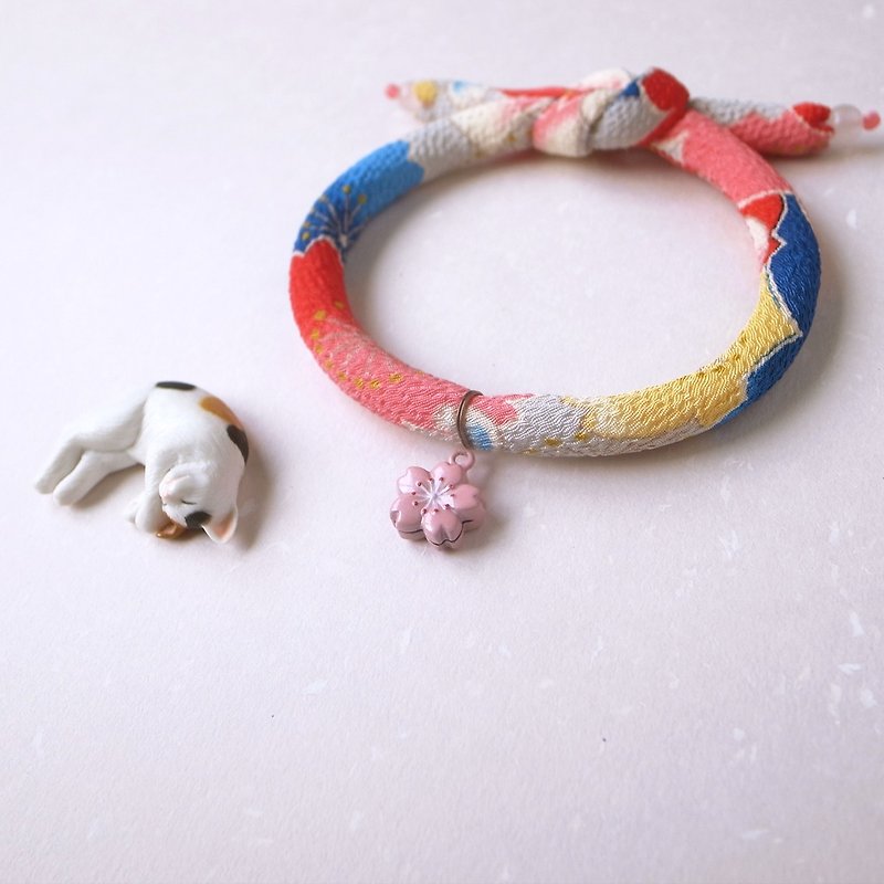 日本犬猫和布颈圈 项圈(单结式)--赤青+粉樱铃铛 - 项圈/牵绳 - 丝．绢 蓝色
