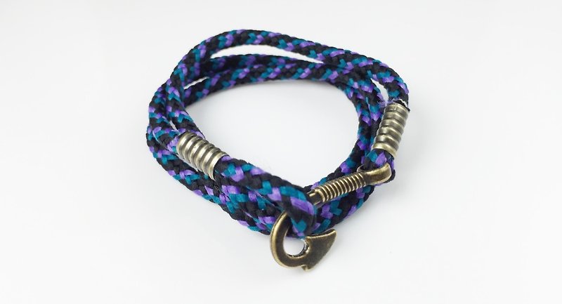 紫绿彩绳古铜扣环款（情人节款式） - 手链/手环 - 棉．麻 紫色