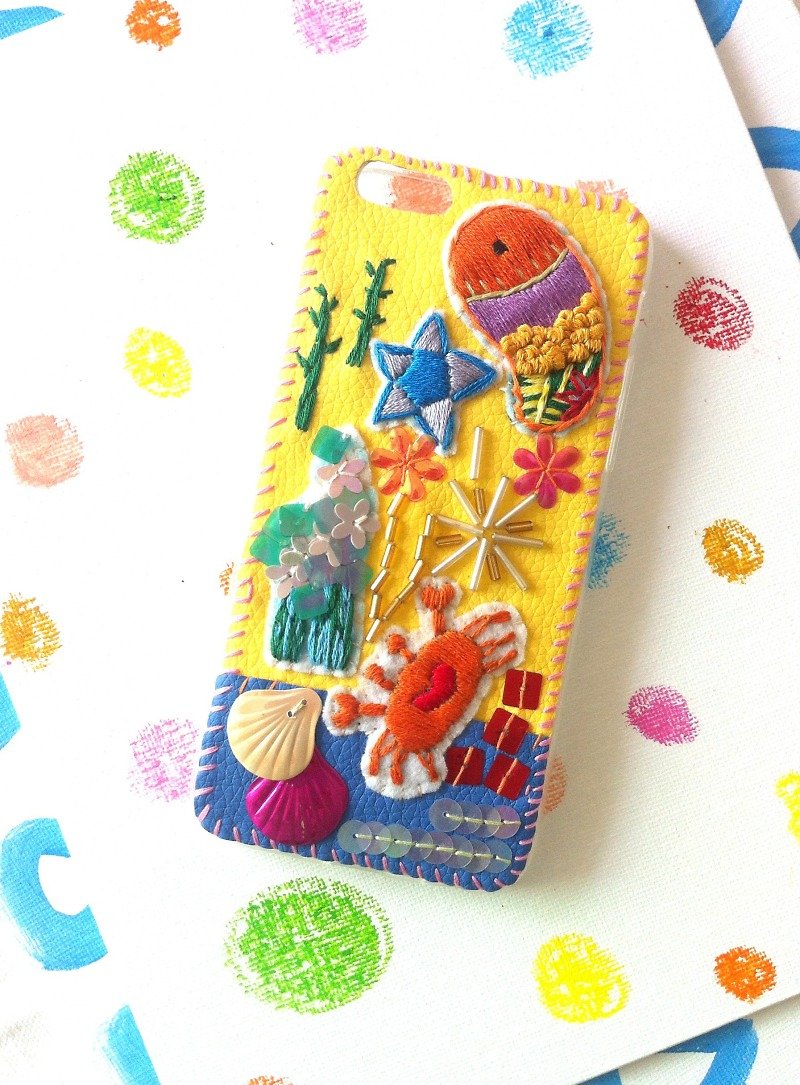 海底世界刺绣钉珠手机壳iPhone6/7plus - 手机壳/手机套 - 绣线 黄色