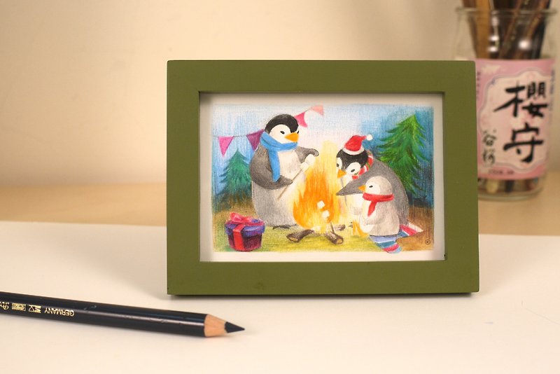 《动物们的小生活-圣诞篇》色铅笔插画 手绘 原作 含画框 - 海报/装饰画/版画 - 纸 绿色