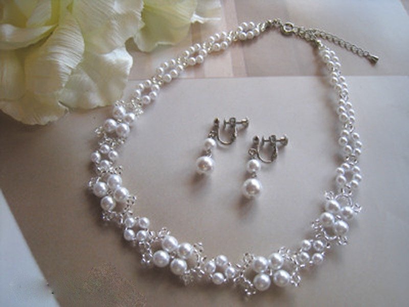 【SALE!!】Pearl Choker & Earrings / MDS : White Bridal* - 项链 - 玻璃 白色
