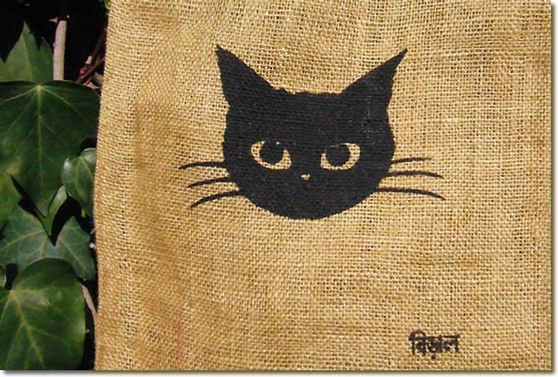 地球树Fair trade&Eco-“麻袋系列”-黑猫环保购物袋 - 侧背包/斜挎包 - 植物．花 