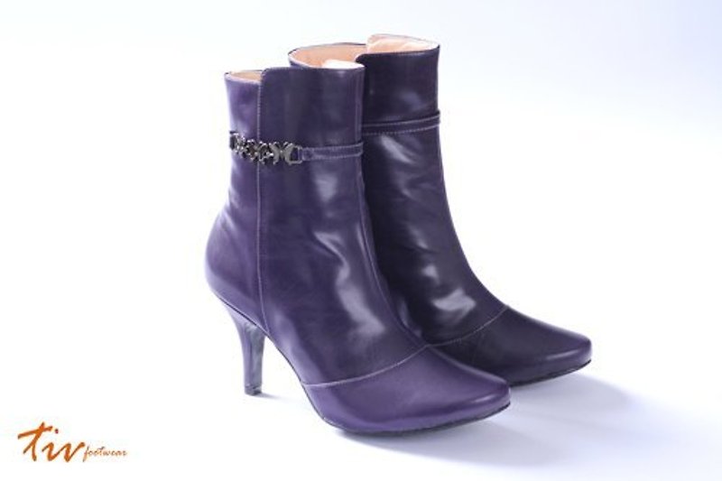 深紫 气质短靴 - 女款短靴 - 真皮 