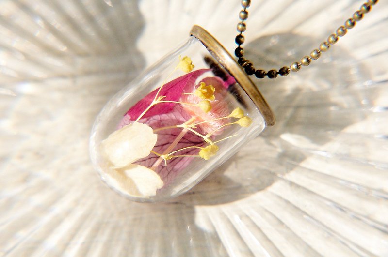 / 森林女孩 / 法式透明感玻璃球古典项链 - 黄色满天星+粉色花+绣球花 - 项链 - 玻璃 多色