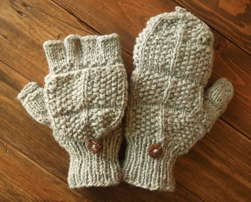 羊毛编织手套 十字 浅灰 - 手套 - 羊毛 灰色