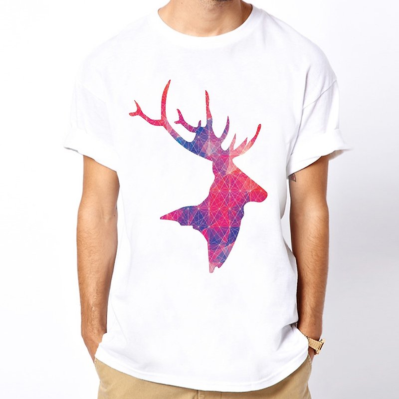 Geometric Deer Head短袖T恤-白色 几何 抽象 鹿 头 角 宇宙 平价 时尚 设计 自创 品牌 银河系 时髦 圆 三角形 - 男装上衣/T 恤 - 纸 白色