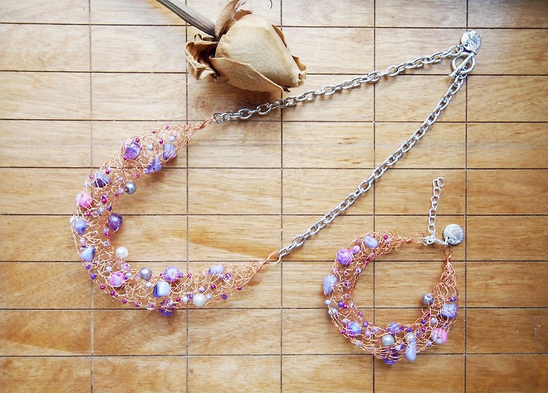 订制典雅人手编织玫瑰金铜线配紫色系珠项錬加手链套装 - 项链 - 其他材质 紫色