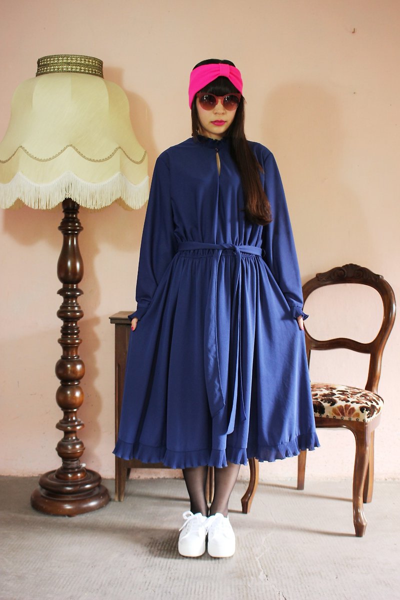 F1122[美国制领标](Vintage)深蓝色附腰绑带大波浪荷叶裙摆长袖古着洋装 - 洋装/连衣裙 - 其他材质 蓝色