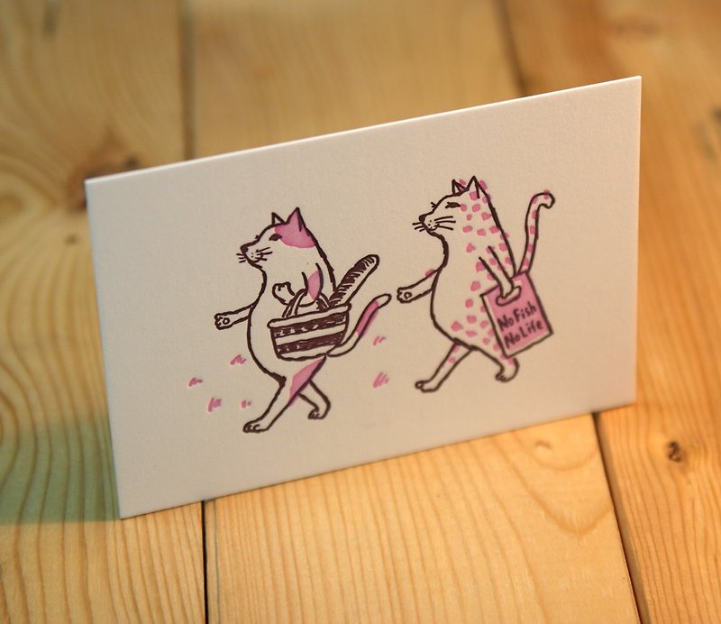 活版グリーティングカード　猫が買い物（ピンク）2枚セット - 卡片/明信片 - 纸 