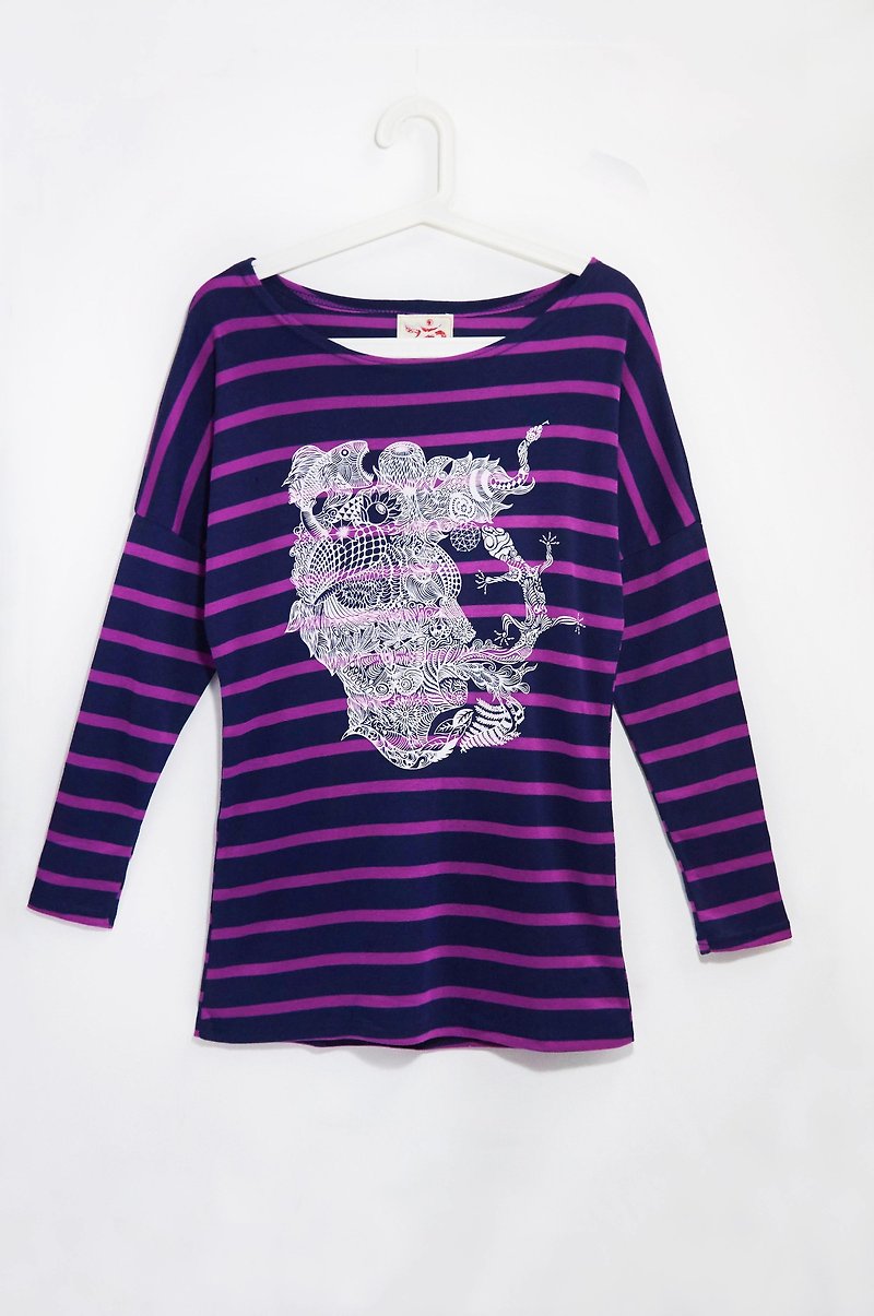 手感条纹长袖长版旅行T - 心灵之图系列旅行记忆 ( 紫条纹 ) - 女装 T 恤 - 棉．麻 紫色