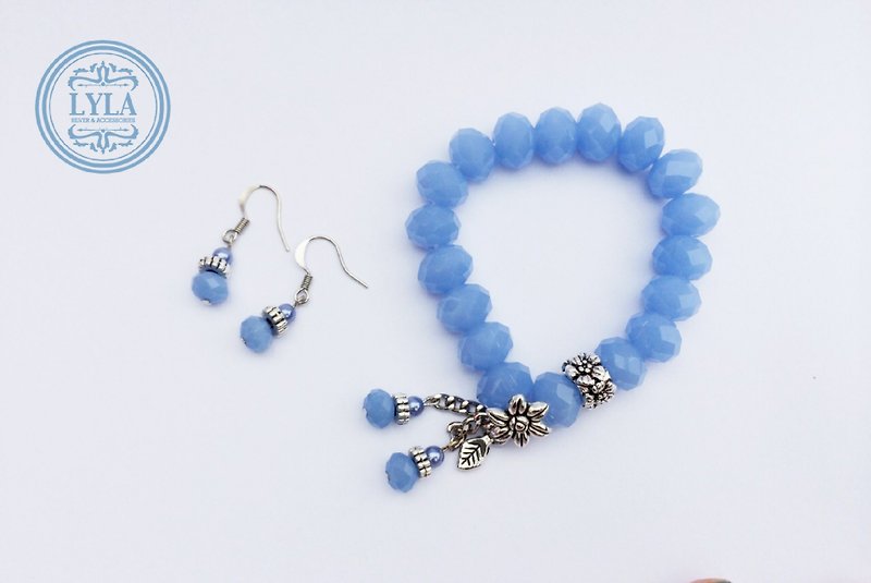 “粉蓝水晶”-耳环＆手链一组 - 手链/手环 - 宝石 蓝色