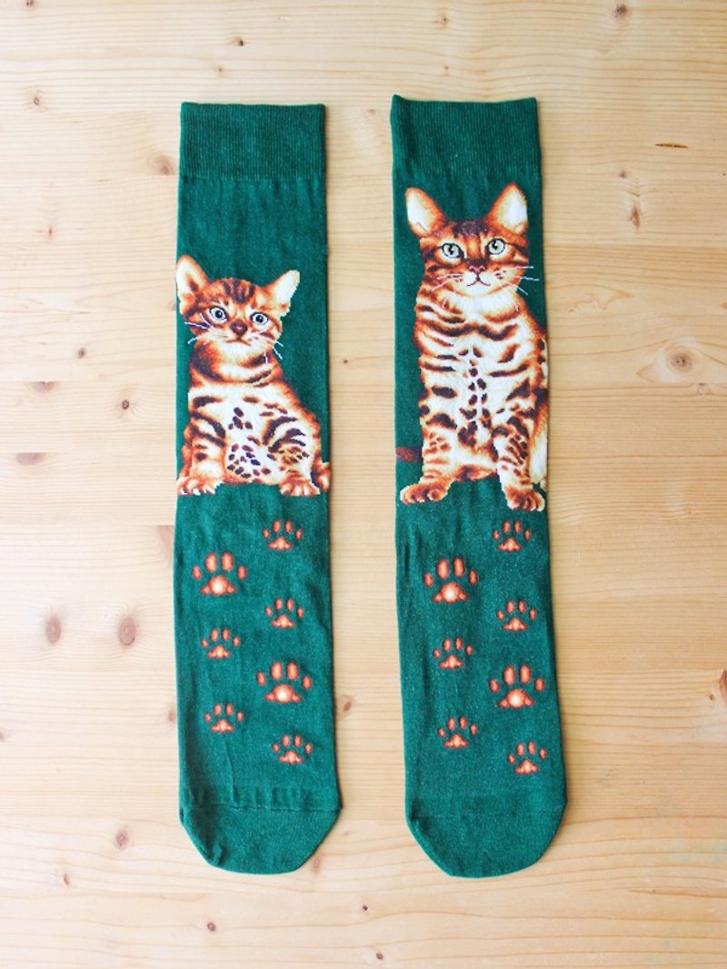 JHJ Design 加拿大品牌 高彩度针织棉袜 猫咪系列 孟加拉豹猫 男 - 袜子 - 棉．麻 绿色