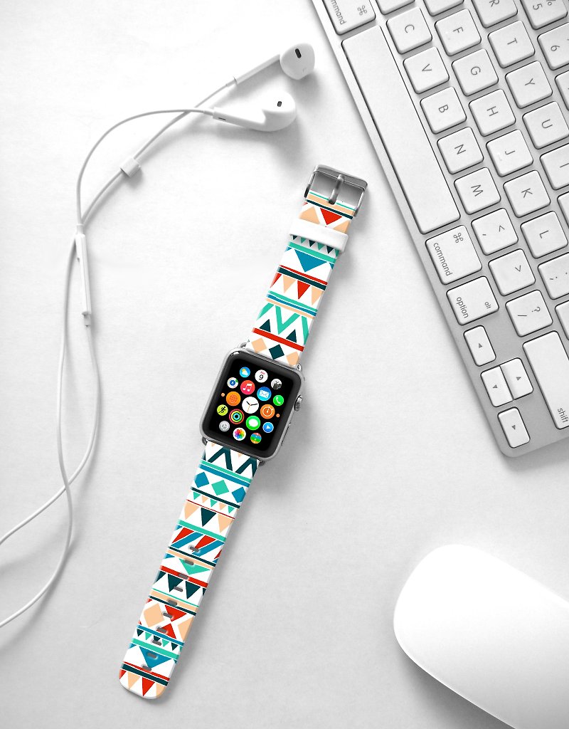 Apple Watch Series 1 , Series 2, Series 3 - Apple Watch 真皮手表带，适用于Apple Watch 及 Apple Watch Sport - Freshion 香港原创设计师品牌 - 薄荷绿部落图纹  07 - 表带 - 真皮 