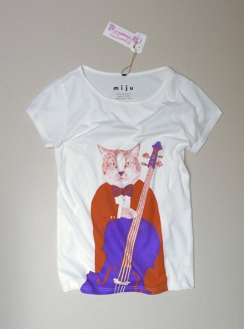 猫咪大提琴T-shirt（橘＋紫） - 女装 T 恤 - 棉．麻 紫色