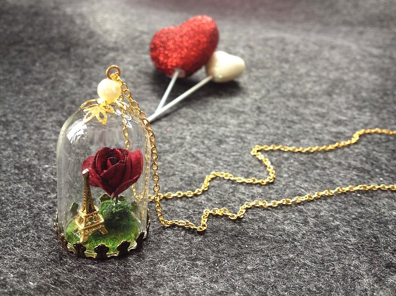 [imykaka] ♥ 情人节Love & Peace 幸福爱 巴黎铁塔 玫瑰花玻璃球项链 - 项链 - 玻璃 红色