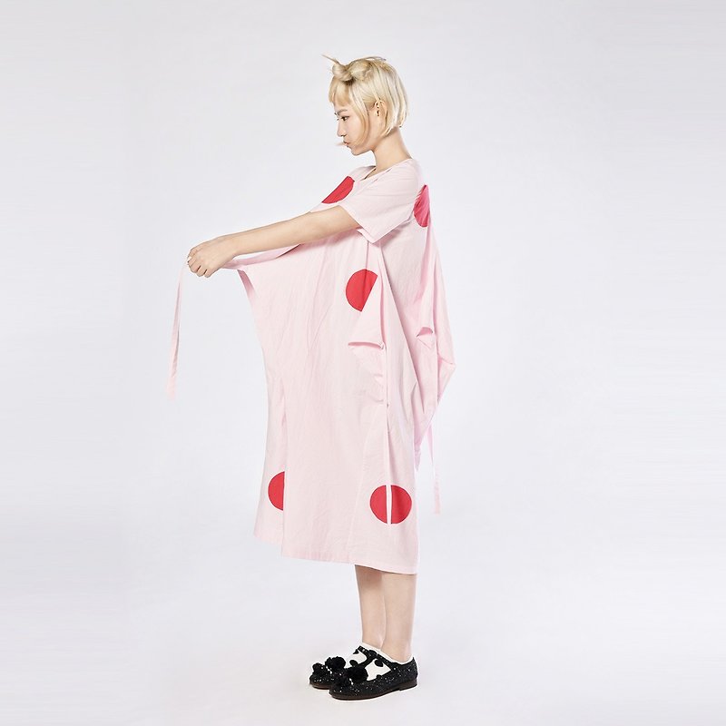 大红点点粉色连身裙 中长裙 宽松衣裙 - imakokoni - 洋装/连衣裙 - 棉．麻 粉红色
