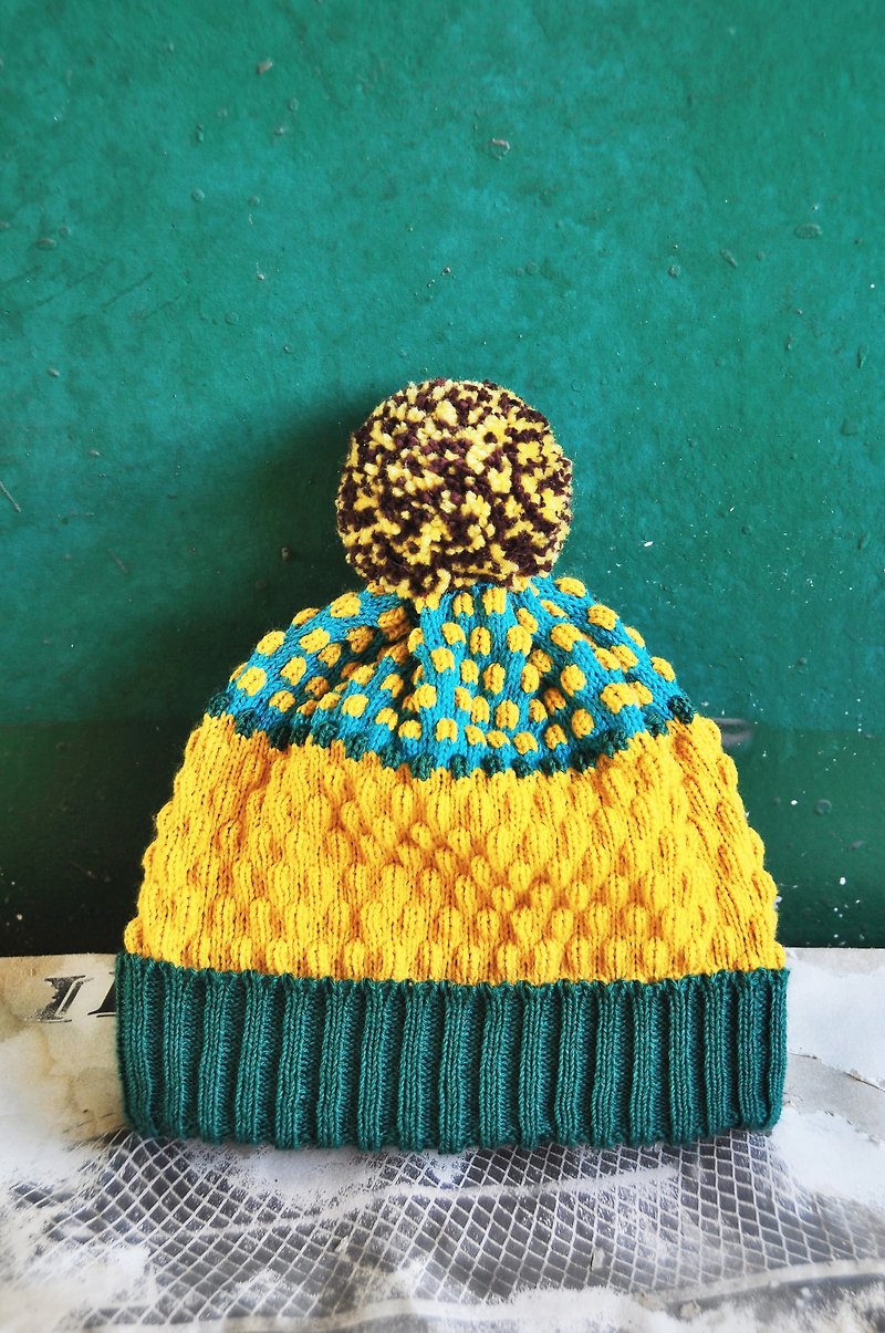 丛林 可拆式毛球针织毛帽 - 帽子 - 棉．麻 黄色