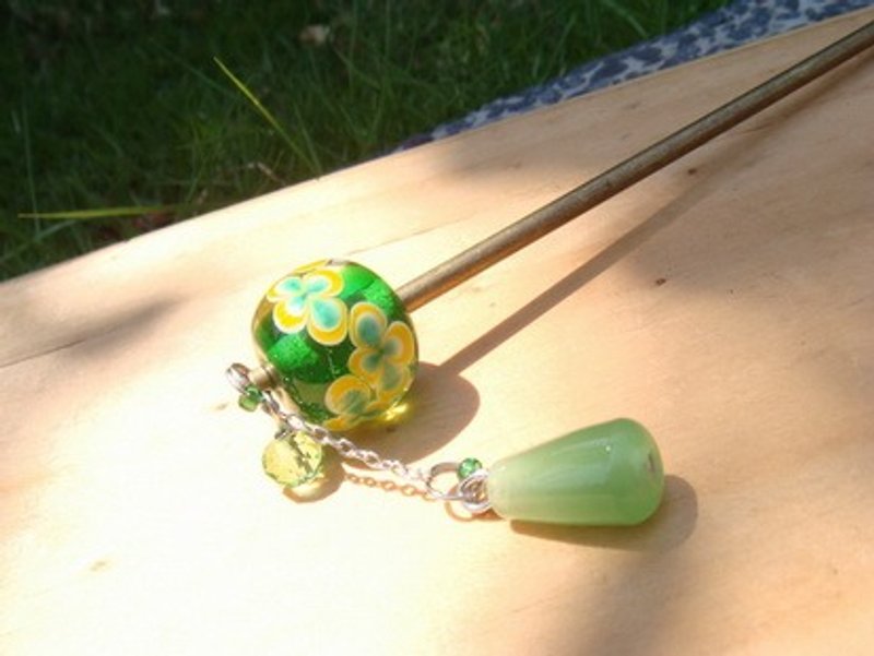 柚子林琉璃 - 发簪 - 花的愿望 - 绿色精灵 - 发饰 - 玻璃 绿色