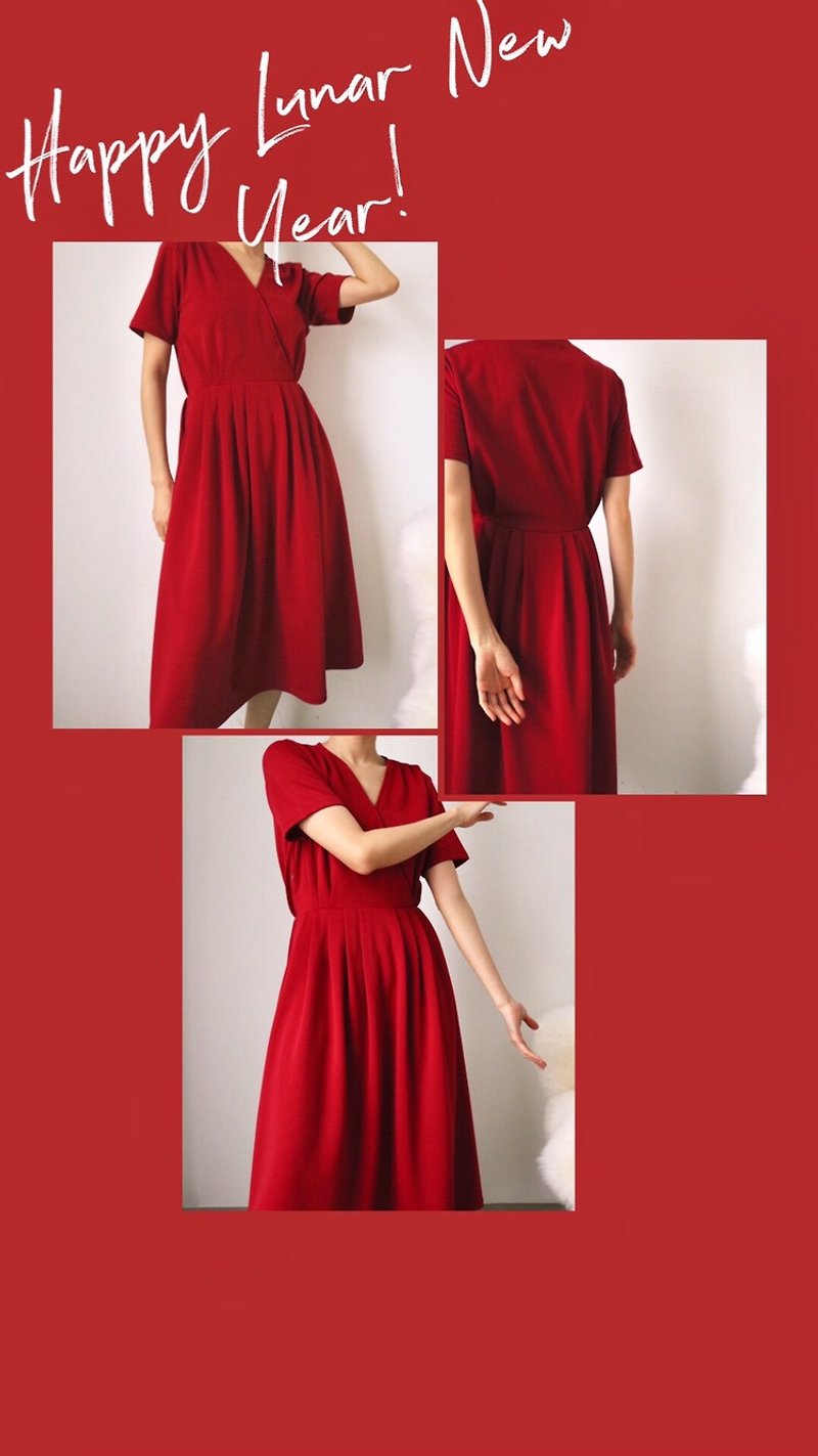 勃根地酒红色V领洋装 剩一件S 样品出清 - 洋装/连衣裙 - 其他材质 