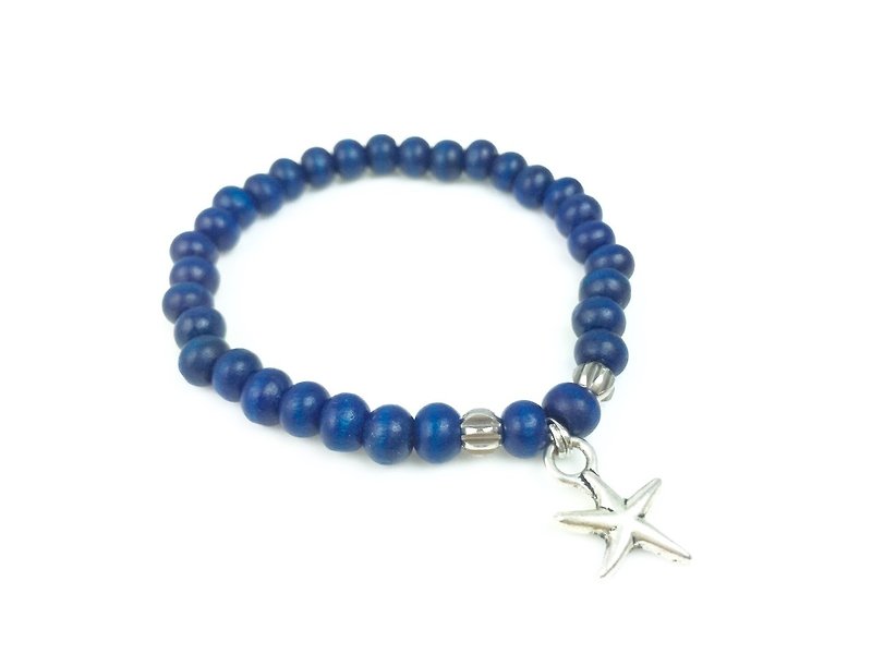 “深蓝木珠 x 银色星星” - 手链/手环 - 其他材质 蓝色