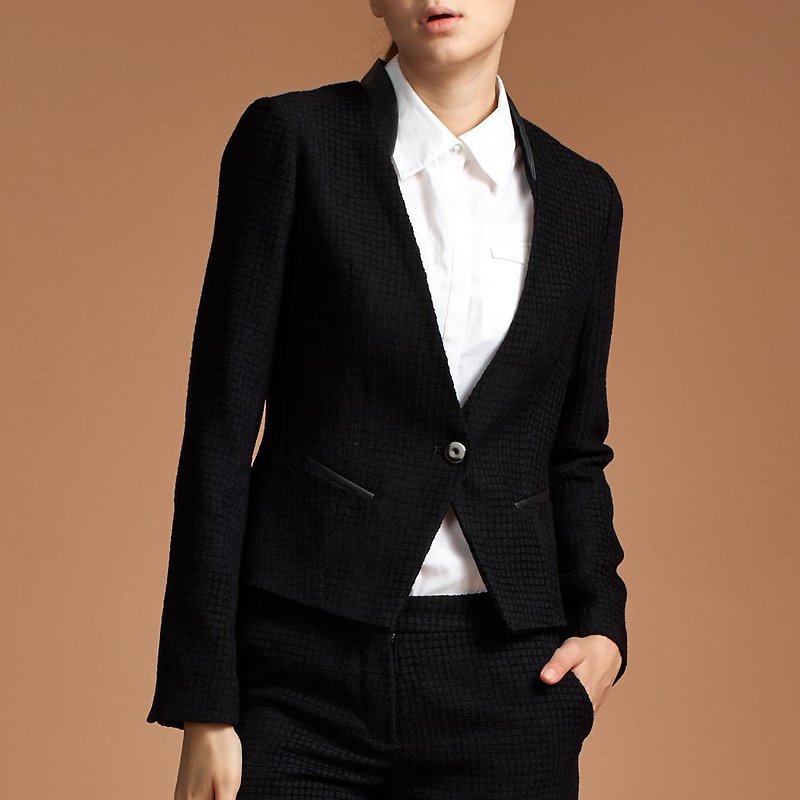 皮革拼接羊毛短外套 - 女装休闲/机能外套 - 其他材质 黑色