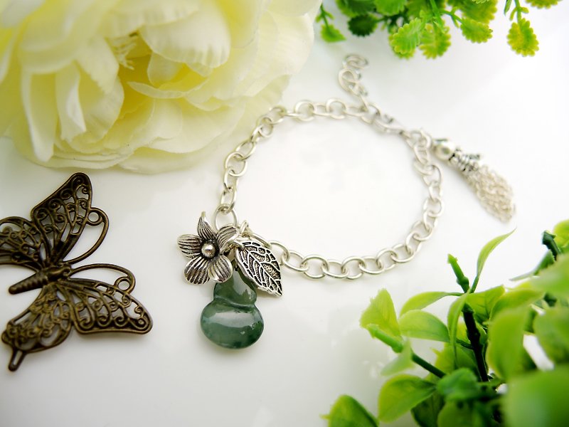 《Three Lucky 福禄绵长》古典中国风花叶葫芦925纯银手链 - 手链/手环 - 宝石 绿色