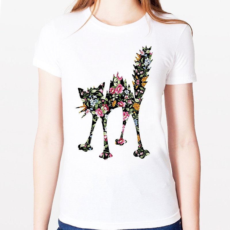Cat-Flower女生短袖T恤-白色 猫 碎花 动物 设计 可爱 - 女装 T 恤 - 其他材质 白色