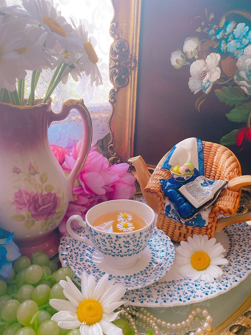 英国骨瓷 1950年 手绘沽蓝玫瑰花茶杯咖啡杯两件组乡村风库存品 - 茶具/茶杯 - 瓷 蓝色