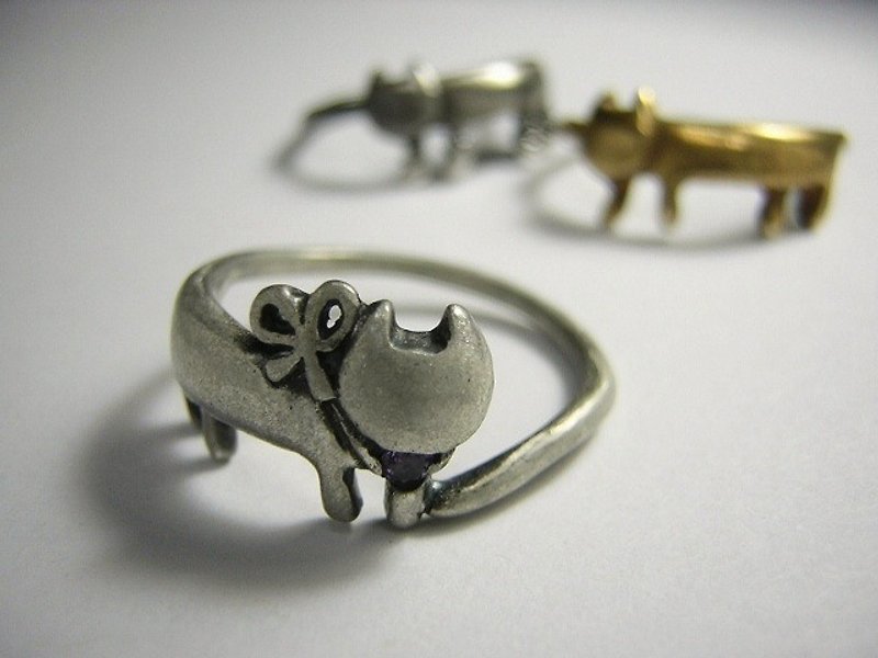 purr ( cat sterling silver amethyst ring 貓 猫 戒指 指环 指環 刻字 銀 ) - 戒指 - 纯银 银色