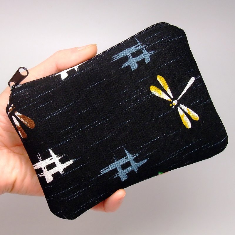 拉链零钱包，卡片包，钥匙包，耳机包，小物包 (蜻蜓) (ZS-124) - 零钱包 - 棉．麻 黑色
