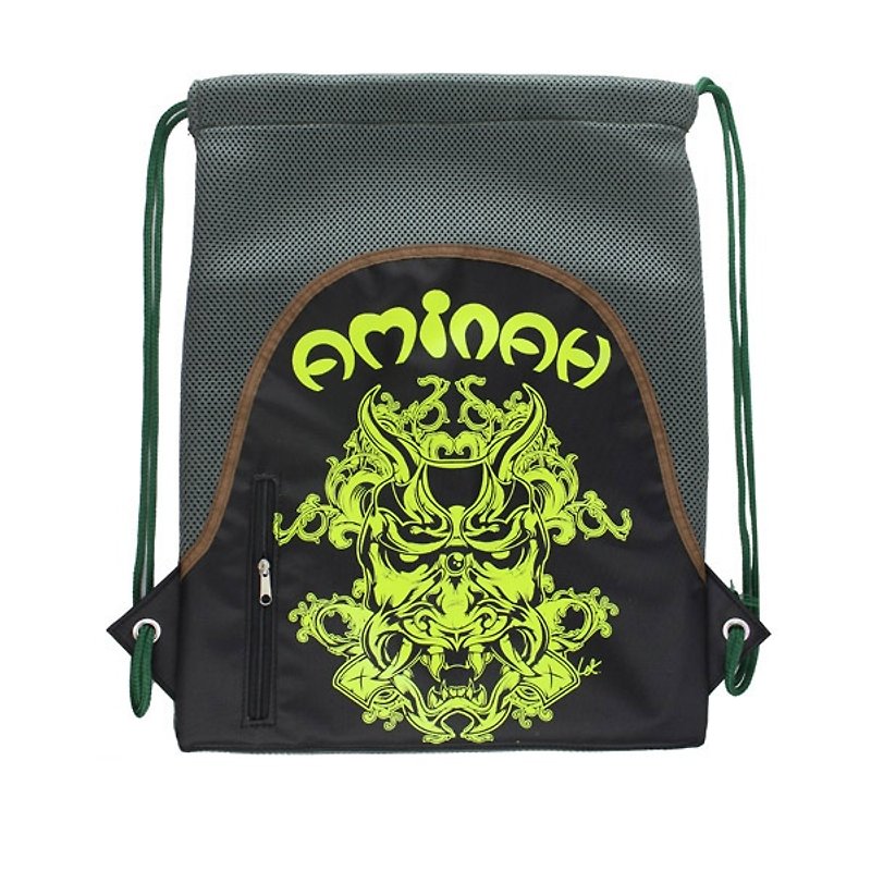 AMINAH-绿鬼头插画涂鸦风束口袋后背包【am-0245】 - 束口袋双肩包 - 聚酯纤维 绿色
