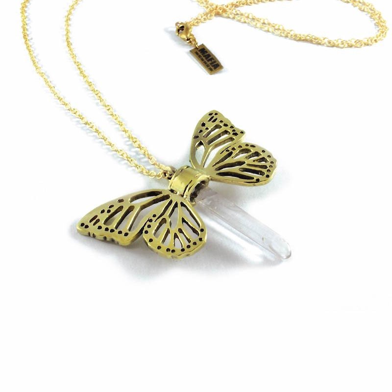Brass Butterfly wing pendant with clear  raw quartz stone - 项链 - 其他金属 