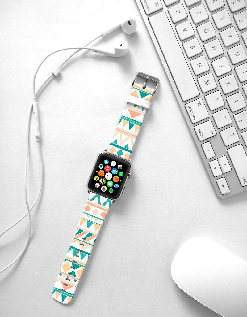 Apple Watch Series 1 , Series 2, Series 3 - Apple Watch 真皮手表带，适用于Apple Watch 及 Apple Watch Sport - Freshion 香港原创设计师品牌 - 薄荷绿部落图纹  02 - 表带 - 真皮 