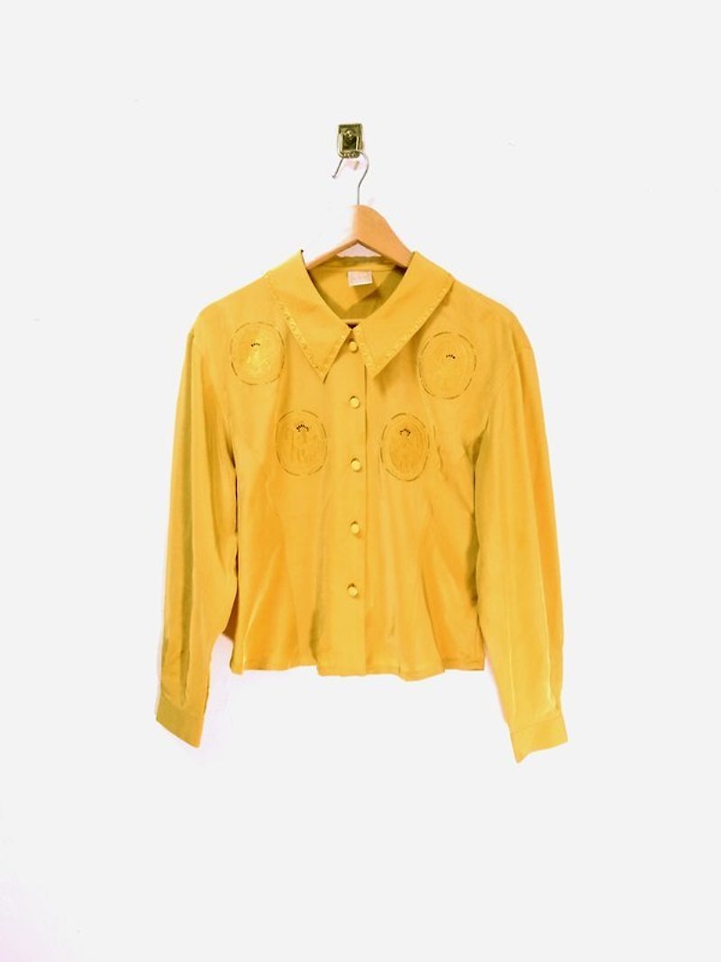 芥末黄 鸟儿图腾 刺绣 镂空 短版衬衫 古着 - 女装衬衫 - 其他材质 黄色