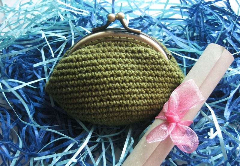 Minibobi手织-青铜巧巧口金包/零钱包-橄榄绿 - 零钱包 - 棉．麻 绿色