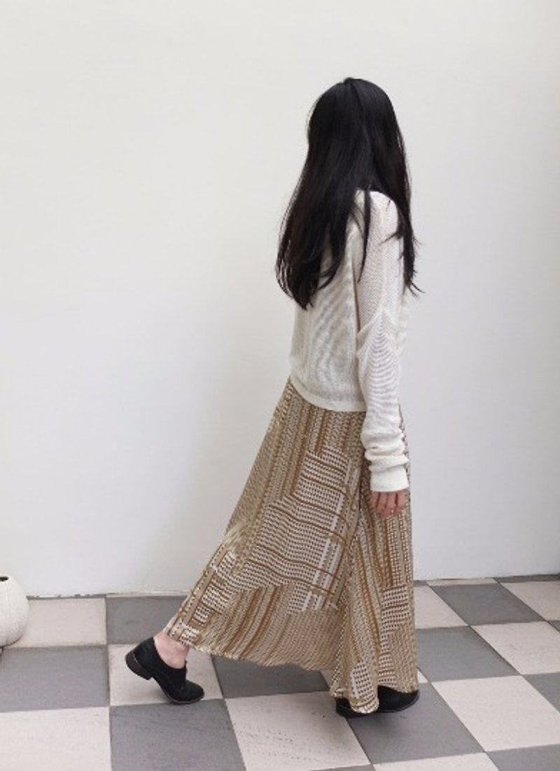 几何印花长裙(日本进口布料只剩一件的布料了) - 裙子 - 棉．麻 金色