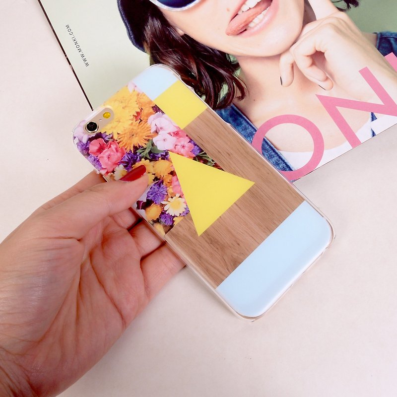 香港原创设计 粉蓝色黄色三角形花卉木纹图案 iPhone X,  iPhone 8,  iPhone 8 Plus,  iPhone 7, iPhone 7 Plus, iphone 6/6S , iphone 6/6S PLUS, Samsung Galaxy Note 7 透明手机壳 - 其他 - 塑料 