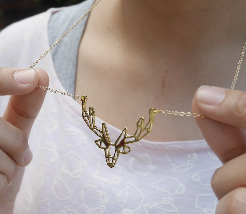 Deer Necklace Geometric Animal jewelry gift for her Gold Platd Pendant - 项链 - 铜/黄铜 金色