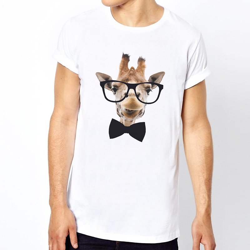 Giraffe-Bow Tie短袖T恤-2色 长颈鹿 领结 眼镜 动物 文青 设计 - 男装上衣/T 恤 - 棉．麻 白色