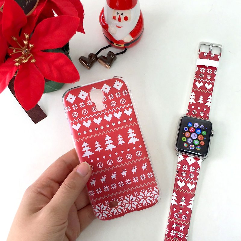 [❤圣诞限定礼物套装❤] Apple Watch Series 1 and Series 2 - 红色可爱几何圣诞图案 Swarovski 施华洛水晶手机壳 + Apple Watch 真皮手表带 - 其他 - 真皮 