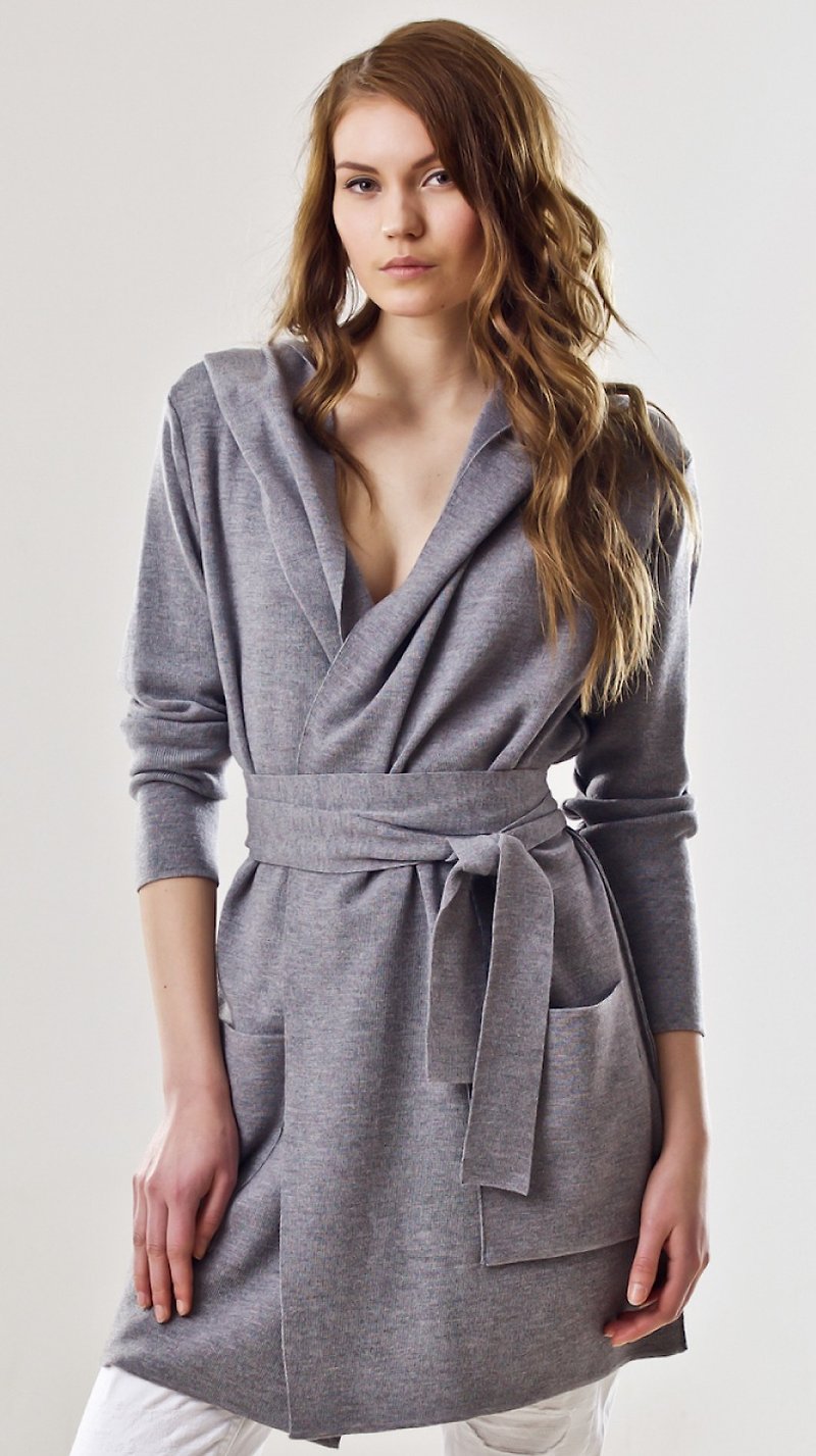 Knitted women's wrap open front hoodie long cardigan EMILIE G grey - 女装针织衫/毛衣 - 其他材质 灰色