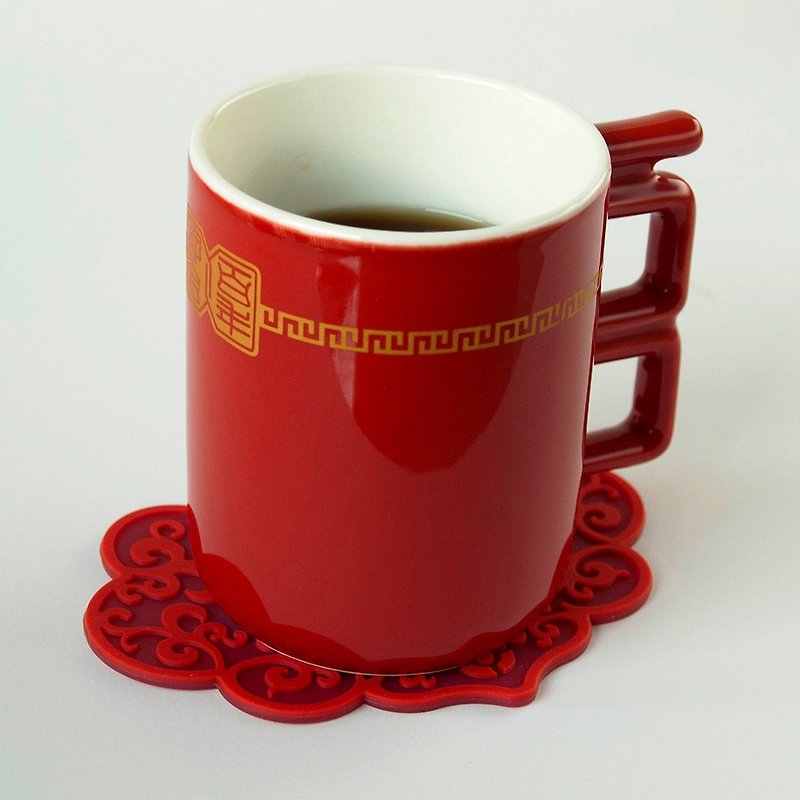 百年好合马克杯一入/附杯垫 - 咖啡杯/马克杯 - 瓷 红色