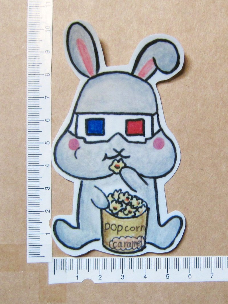 手绘插画风格 完全 防水贴纸 小灰兔 兔子 看3D电影 吃爆米花 - 贴纸 - 防水材质 灰色
