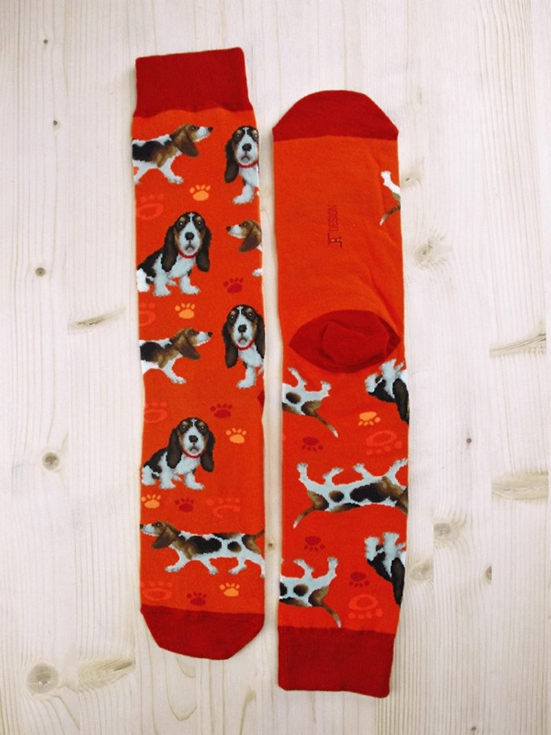 JHJ Design 加拿大品牌 高彩度针织棉袜 狗狗系列 - 巴吉度袜子(针织棉袜) - 袜子 - 其他材质 红色