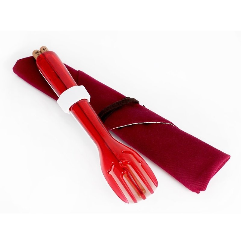 dipper 3合1环保餐具组-莓果红叉/陶瓷汤匙 - 筷子/筷架 - 瓷 红色