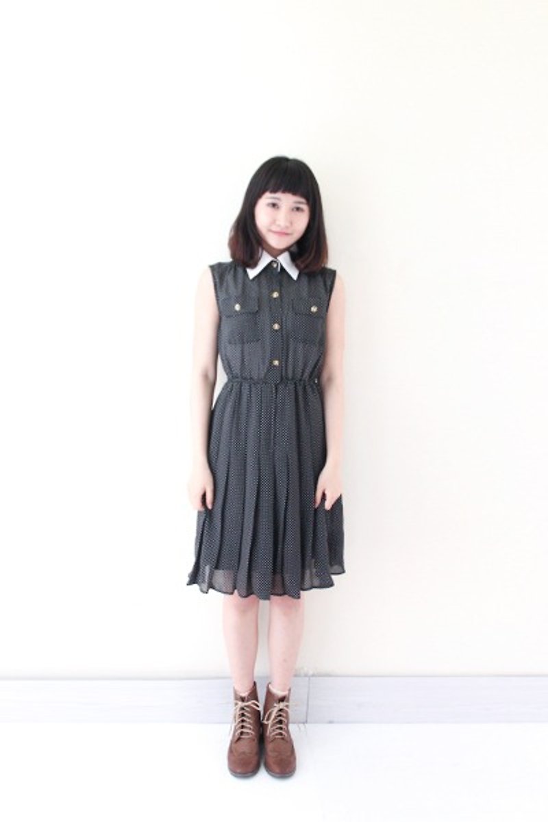 【RE0423D233】日本制典雅修身黑底水玉点点无袖古着洋装 - 洋装/连衣裙 - 其他材质 黑色