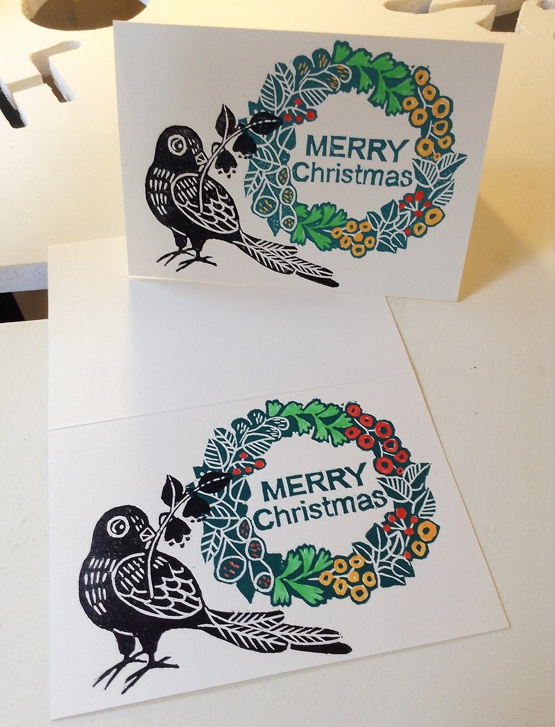 手工版印圣诞卡-圣诞花圈与小鸟 - 卡片/明信片 - 纸 绿色
