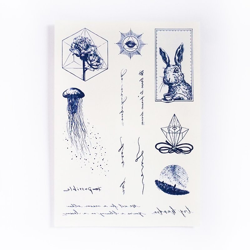 手绘动物剌青纹身贴纸 兔子 玫瑰花 几何图形 简约 水母 英文书法 海洋｜LAZY DUO - 纹身贴 - 纸 蓝色