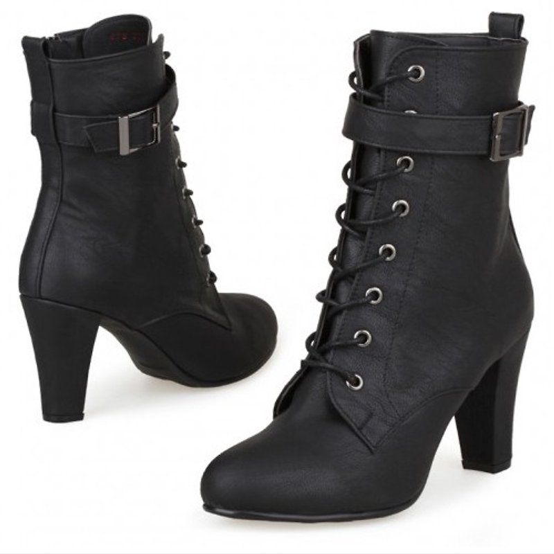 【秋冬鞋款】SPUR 绑带高跟靴子 EF8075 BLACK - 女款休闲鞋 - 真皮 黑色