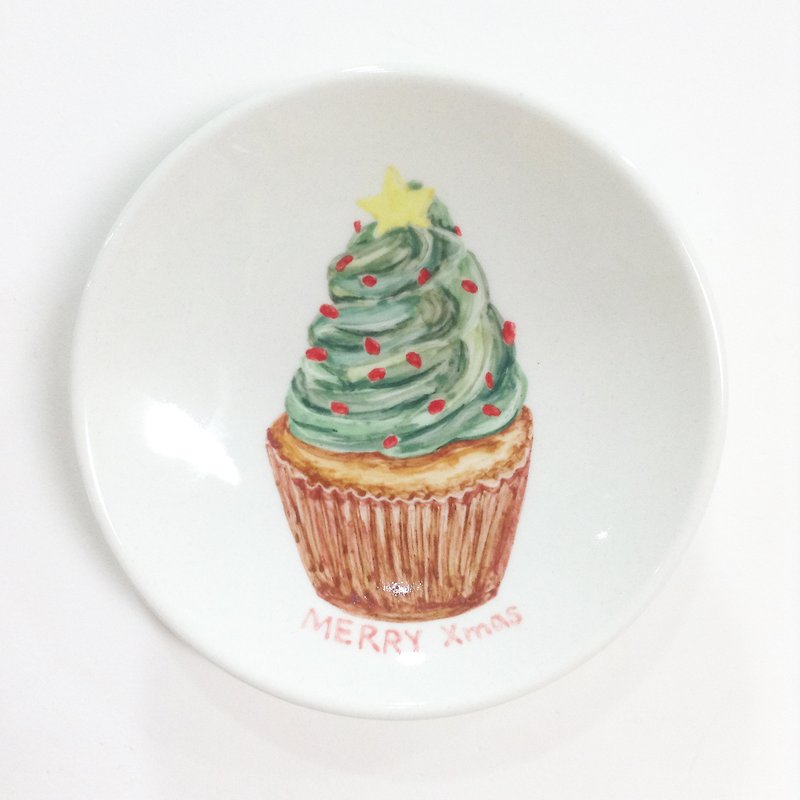 圣诞树奶油杯子蛋糕 -【可定制文字】- 圣诞手绘小碟 - 浅碟/小碟子 - 其他材质 绿色